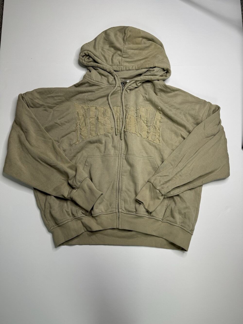 H&M Divided Nirvana Hoodie Women L Beige Distressed Logo Oversized Full Zip
